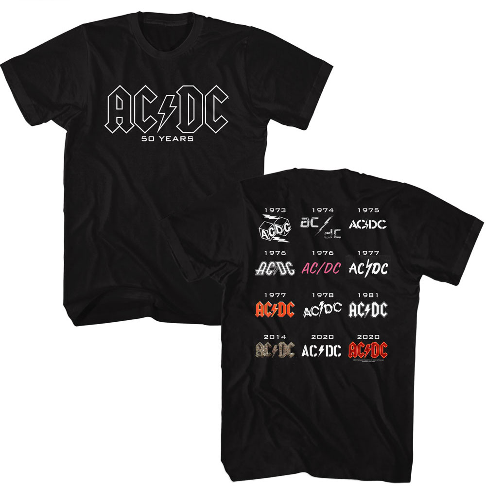 AC/DC 50 Years Logos Black T-shirt Front and Back | eBay