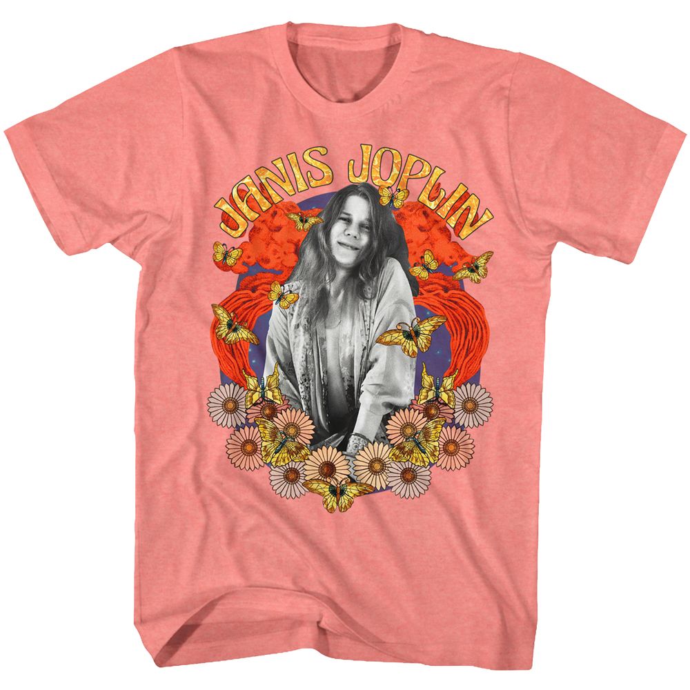 Janis Joplin Flowers and Butterflies Coral Heather T-shirt